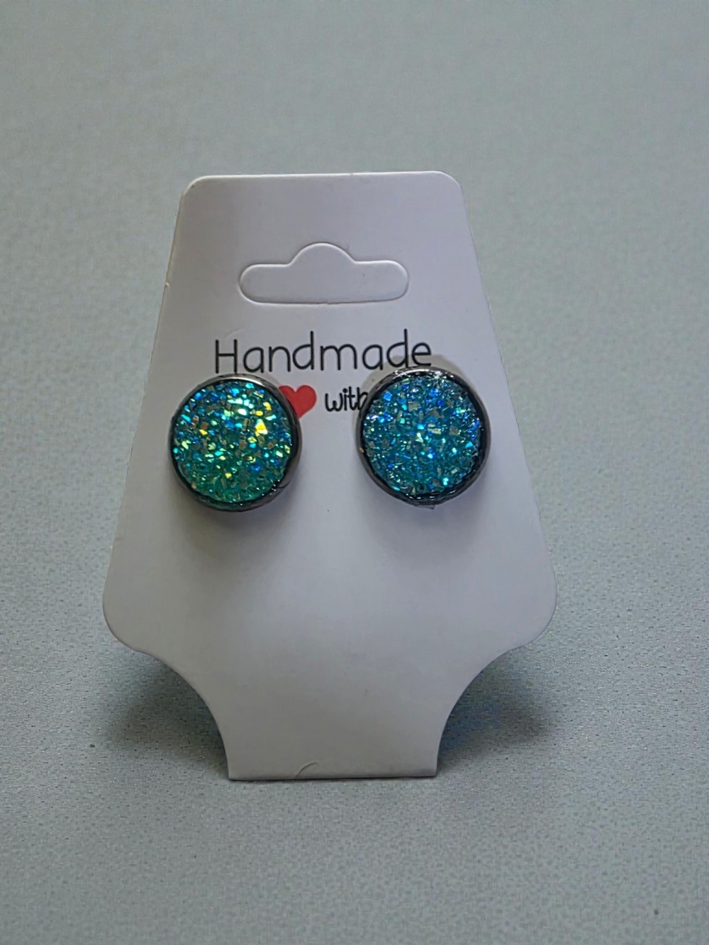 Handmade Blue-Green Glitter Druzy Stud Earrings